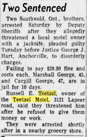 Teetzels Brick Motel (Penno Motel) - Feb 1956 Robbery Attempt